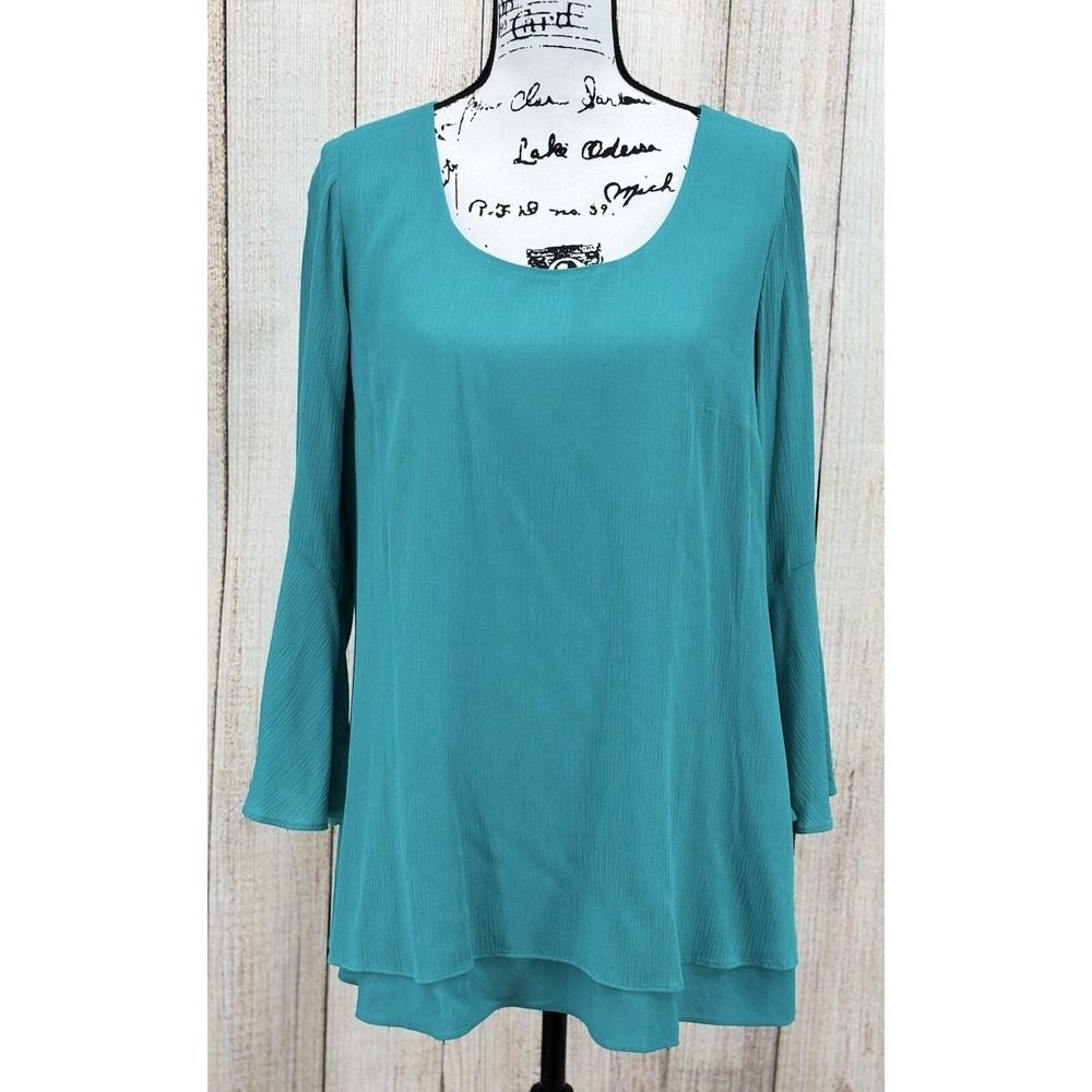 Soft Surroundings Layered Tunic Top Size Small Teal Bell‎ Sleeves Lightweight